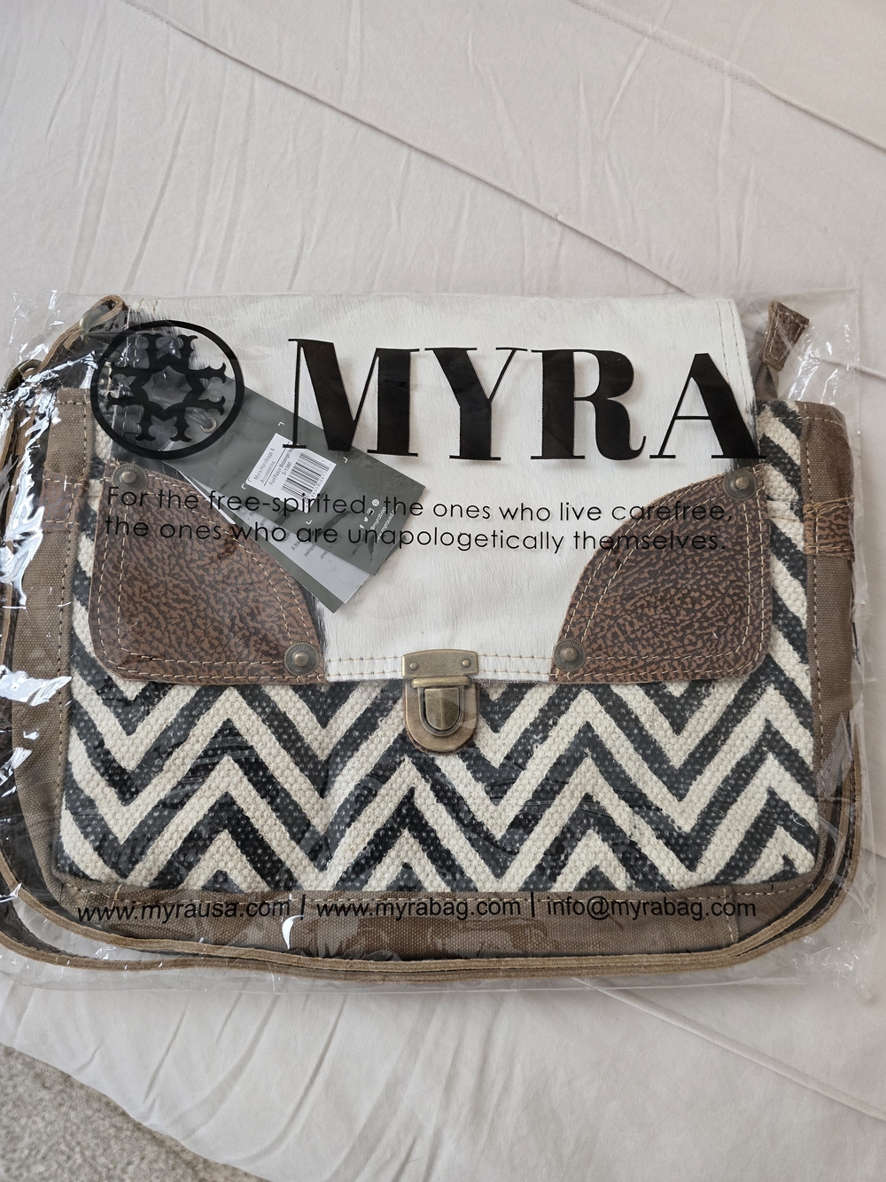 Myra Bag Black & Cream Chevron Canvas Crossbody with Brown Leather Trim